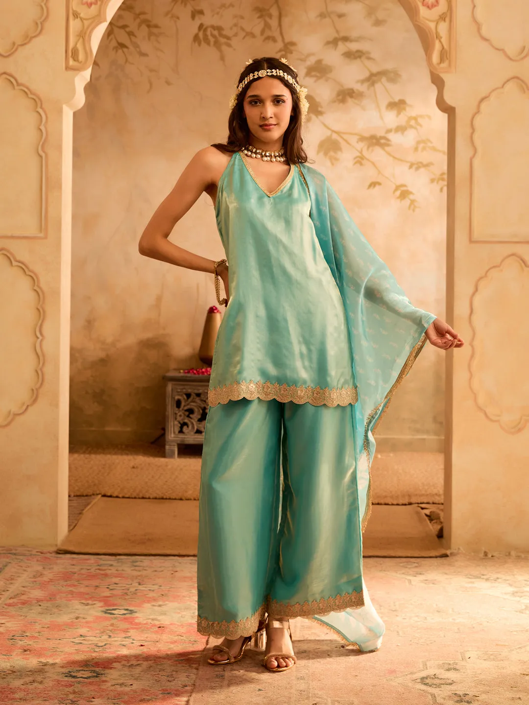 Aasmani Noor Turquoise Blue Embroidered Kurta Set