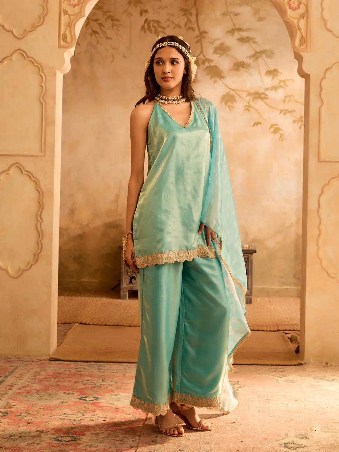 Aasmani Noor Turquoise Blue Embroidered Kurta Set