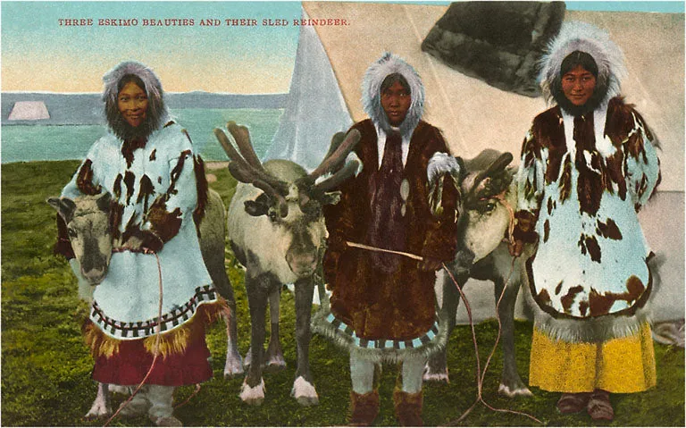 AK-02 Eskimo Women and Reindeer - Vintage Image