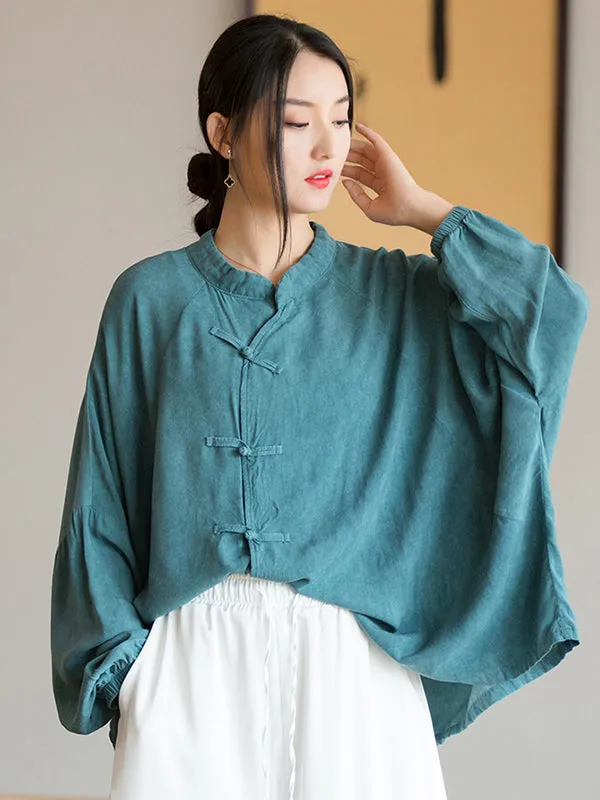 Artistic Retro Loose Long Sleeves Buttoned Solid Color Stand Collar Blouses&Shirts Tops