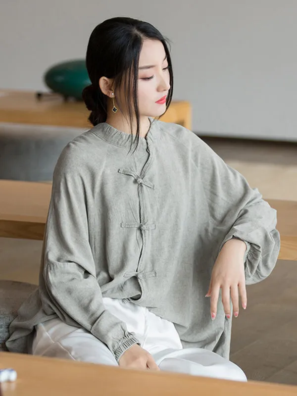 Artistic Retro Loose Long Sleeves Buttoned Solid Color Stand Collar Blouses&Shirts Tops