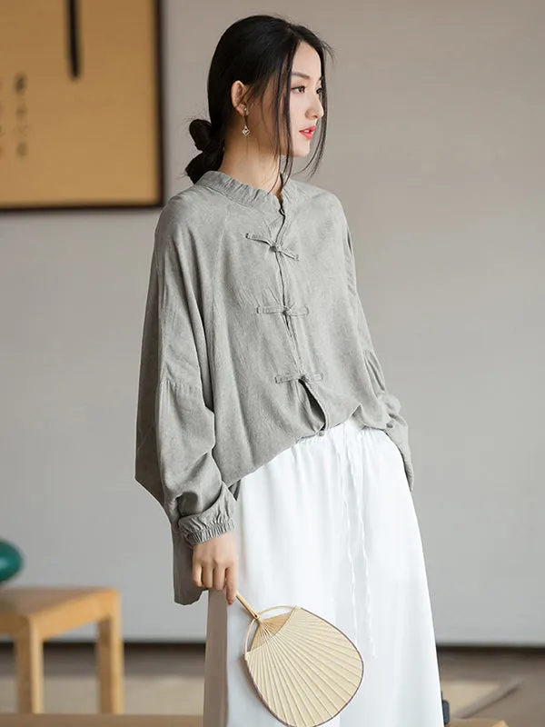 Artistic Retro Loose Long Sleeves Buttoned Solid Color Stand Collar Blouses&Shirts Tops