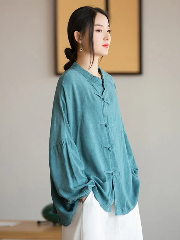 Artistic Retro Loose Long Sleeves Buttoned Solid Color Stand Collar Blouses&Shirts Tops