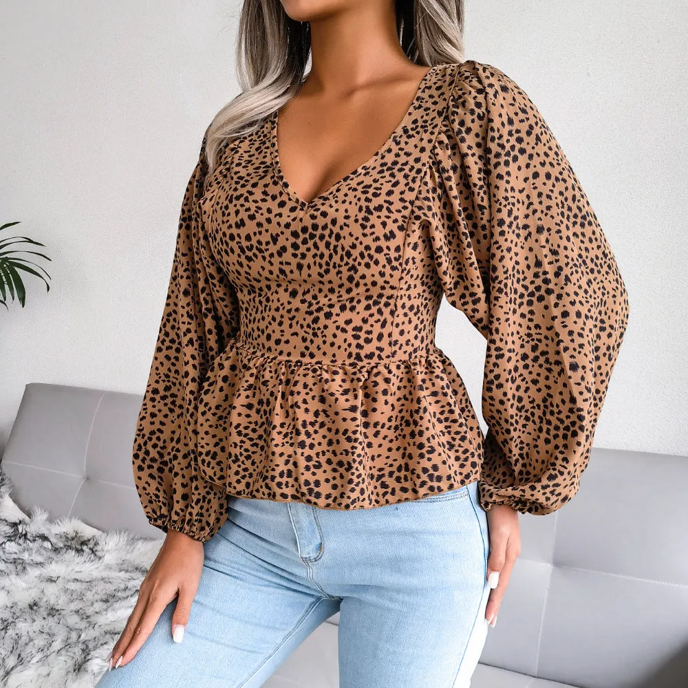 Bat Sleeve Leopard Print Long Sleeve V Neck Swing Wholesale Blouses