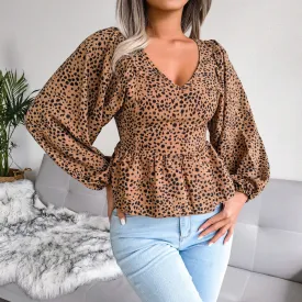 Bat Sleeve Leopard Print Long Sleeve V Neck Swing Wholesale Blouses