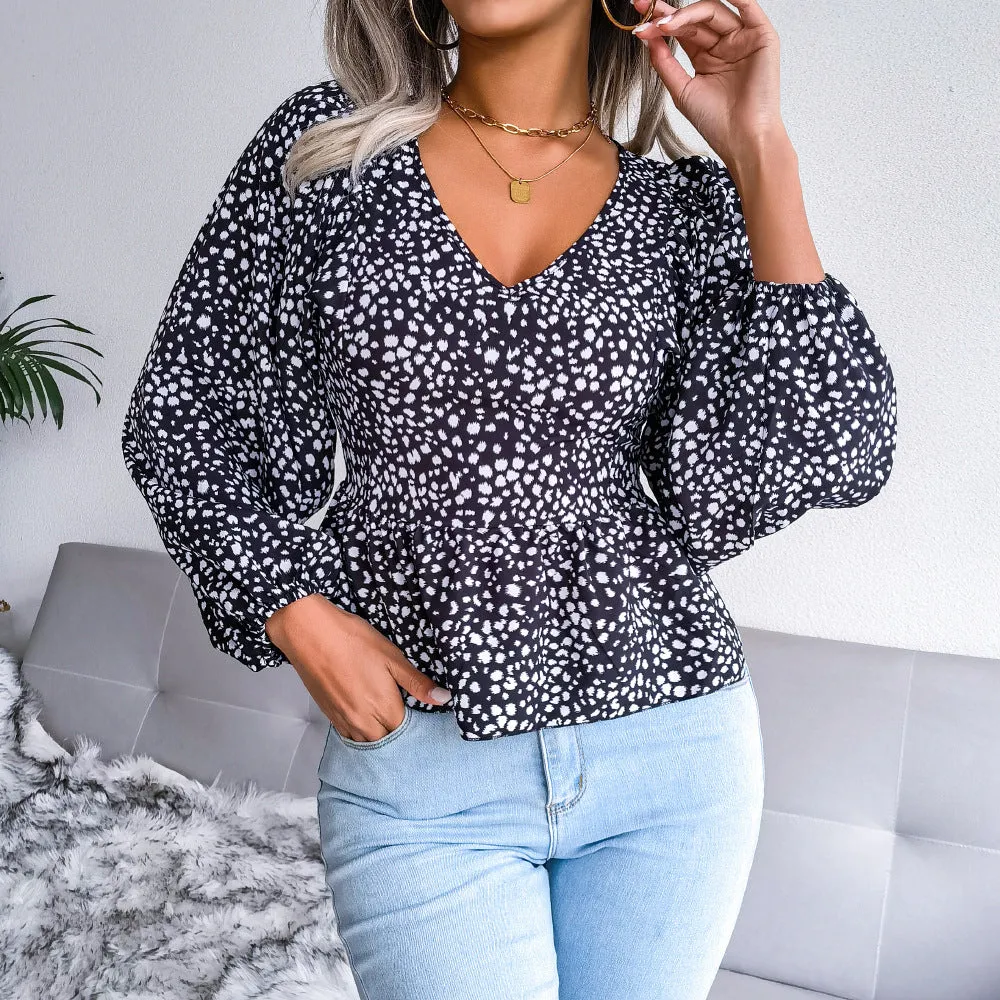 Bat Sleeve Leopard Print Long Sleeve V Neck Swing Wholesale Blouses