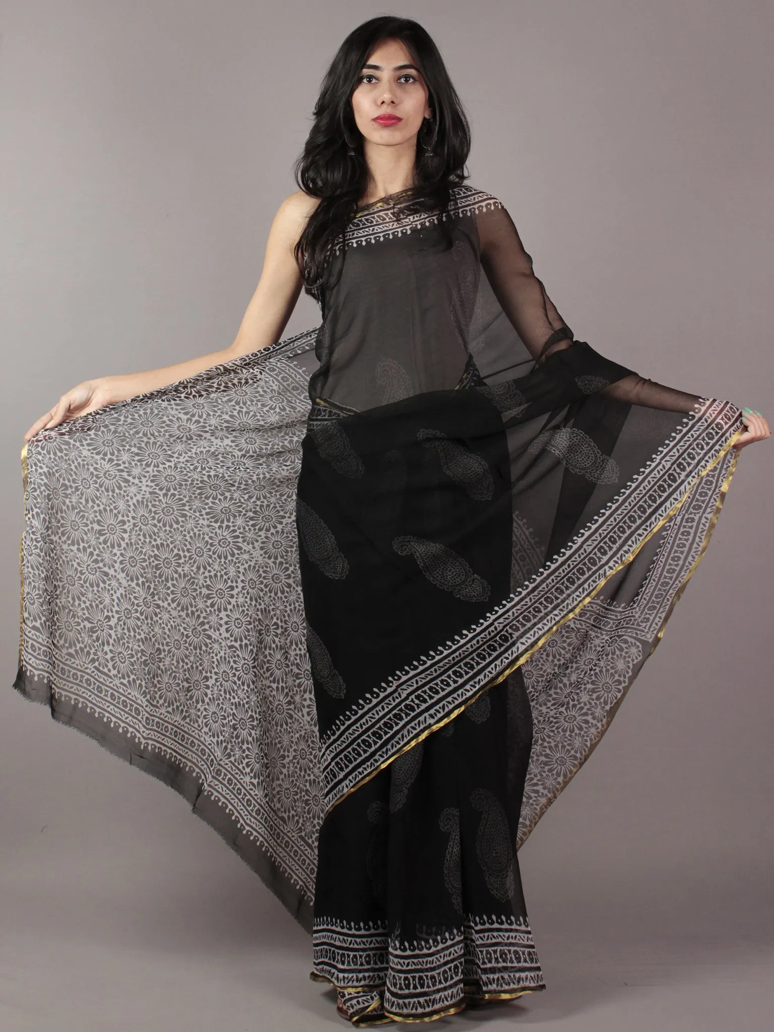 Black Ivory Hand Block Printed Chiffon Saree - S031701825