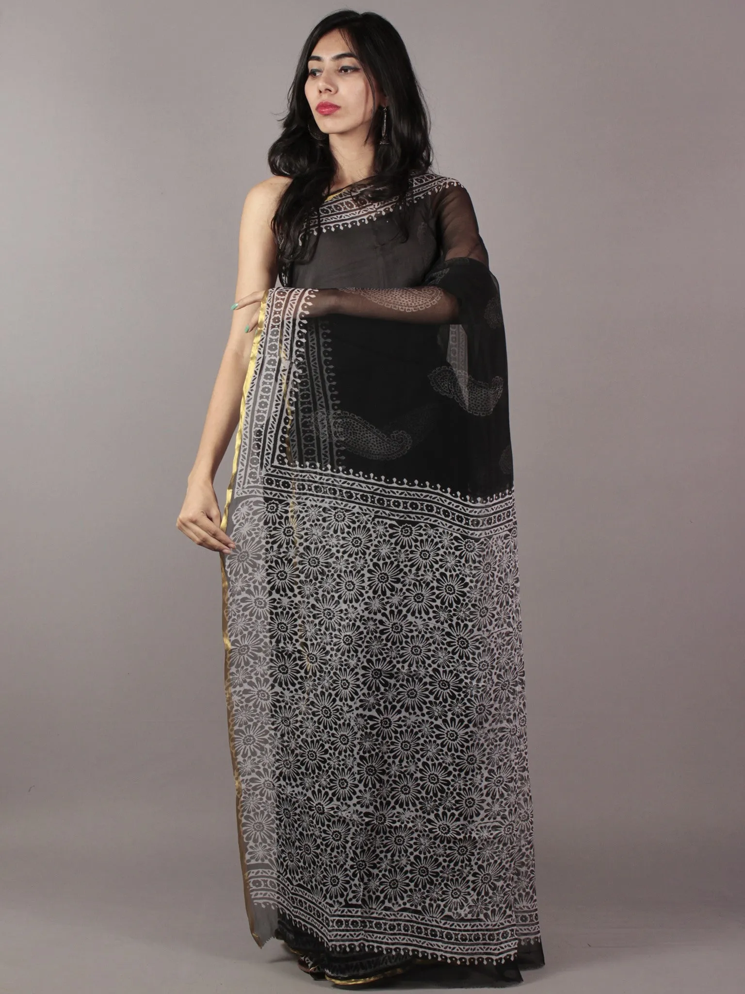 Black Ivory Hand Block Printed Chiffon Saree - S031701825