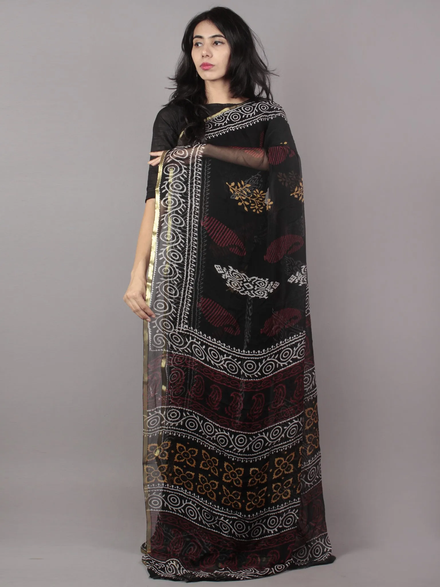 Black Ivory Maroon Yellow Hand Block Printed Chiffon Saree - S031701670