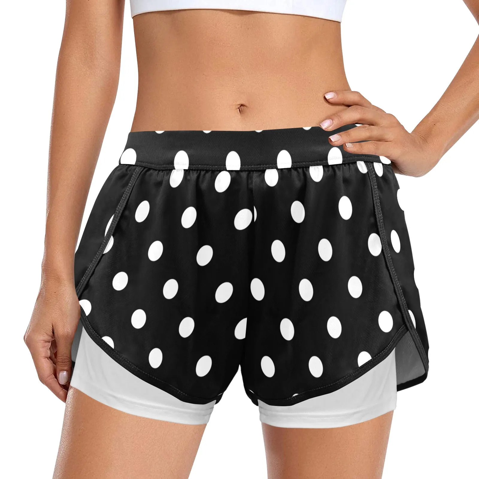 Black With White Polka Dots Women's Sports Shorts With Compression Liner