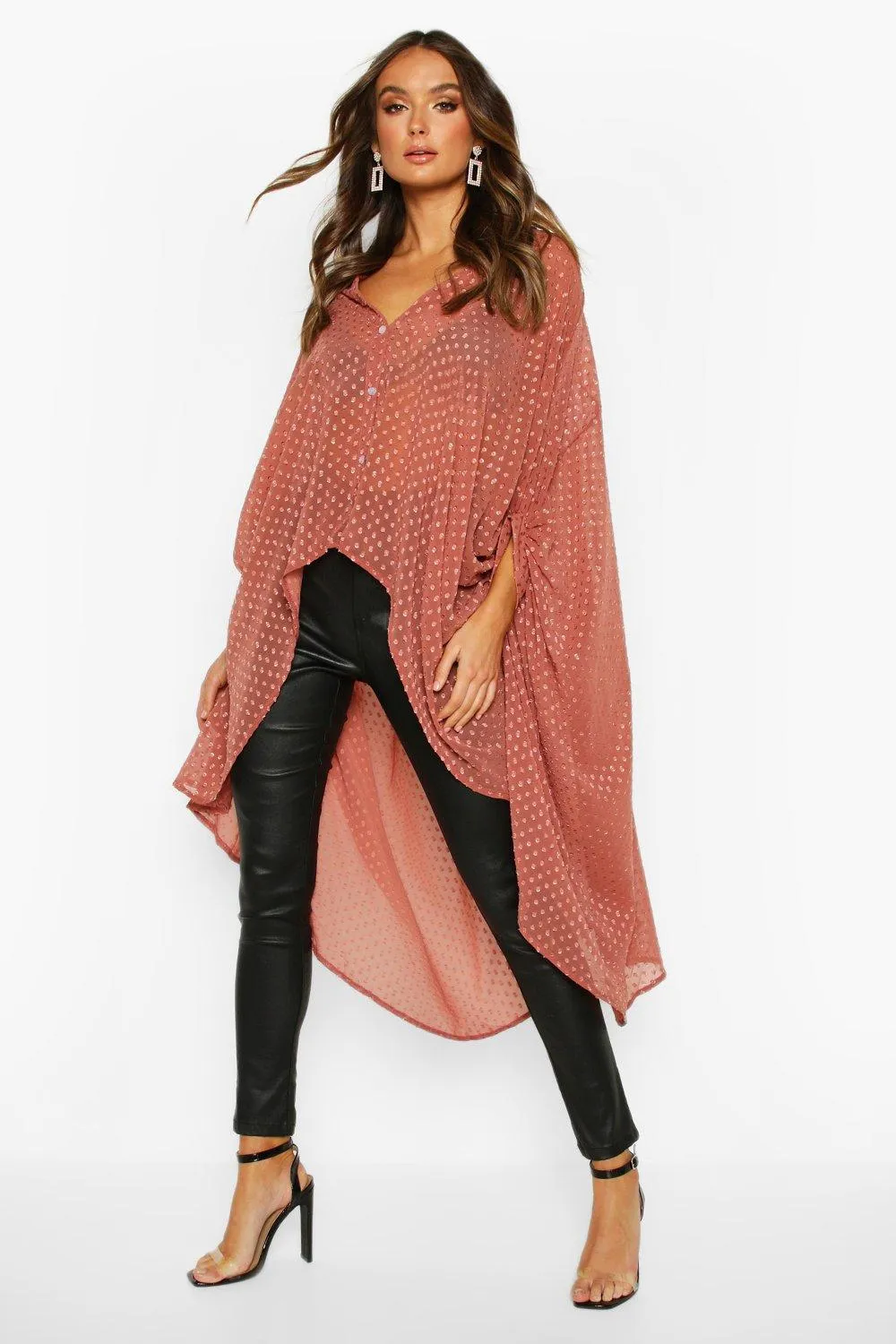 Boohoo Oversized Dobby Chiffon Maxi Shirt, Rose