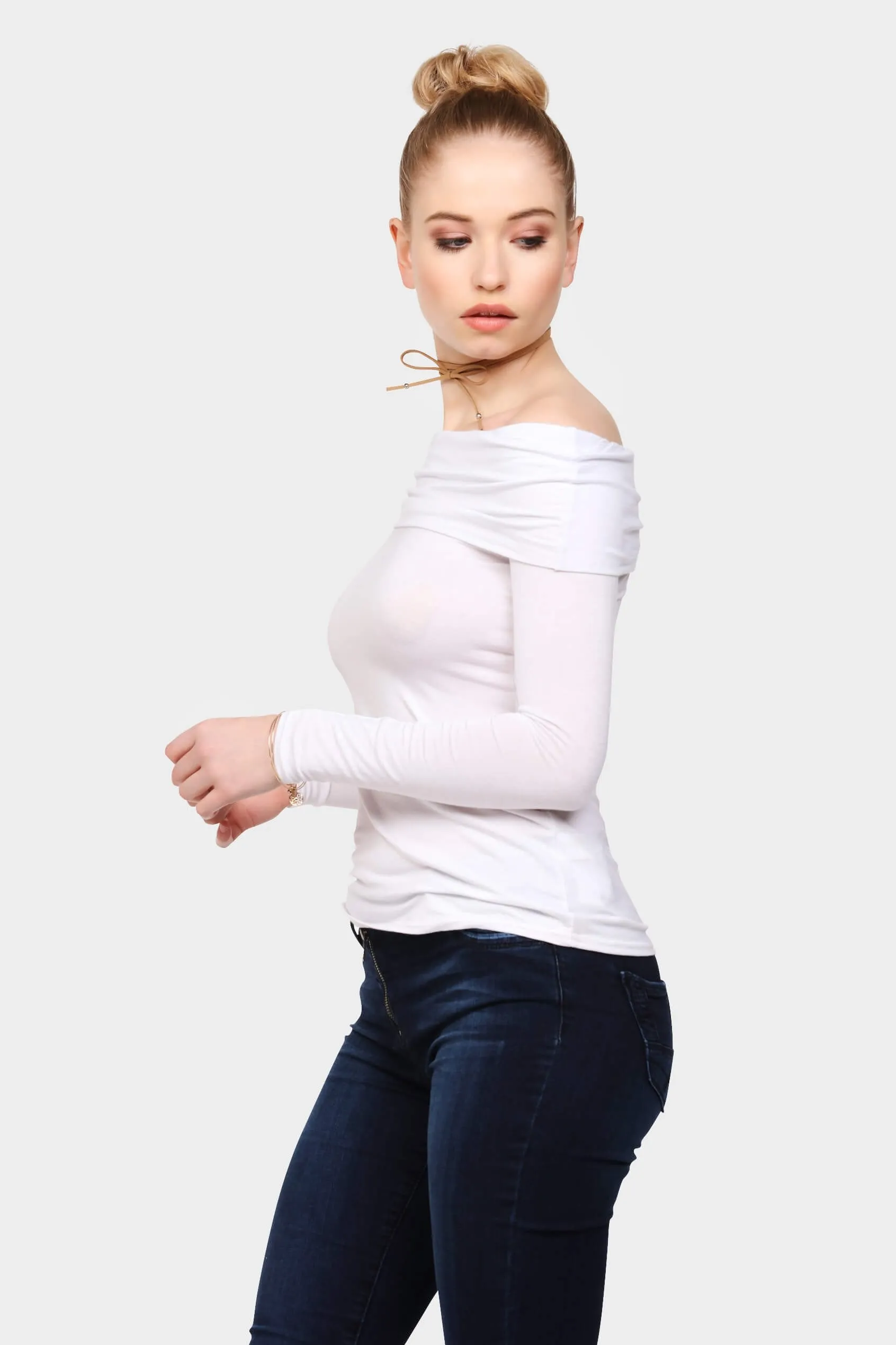 Cream Bardot Long Sleeve Top