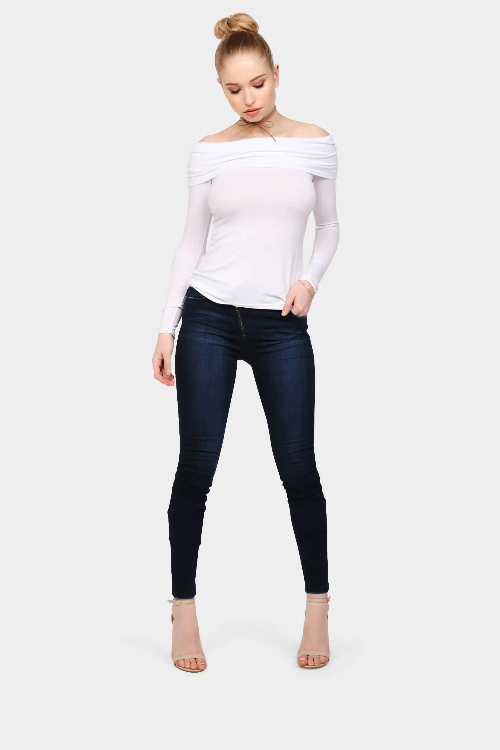 Cream Bardot Long Sleeve Top