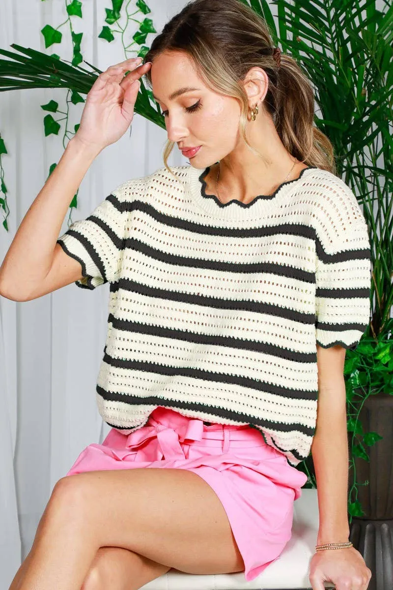 Crew Neck Edge Detail Striped Knit Sweater