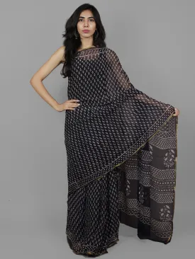 Deep Indigo Ivory Hand Block Printed Chiffon Saree - S031702095