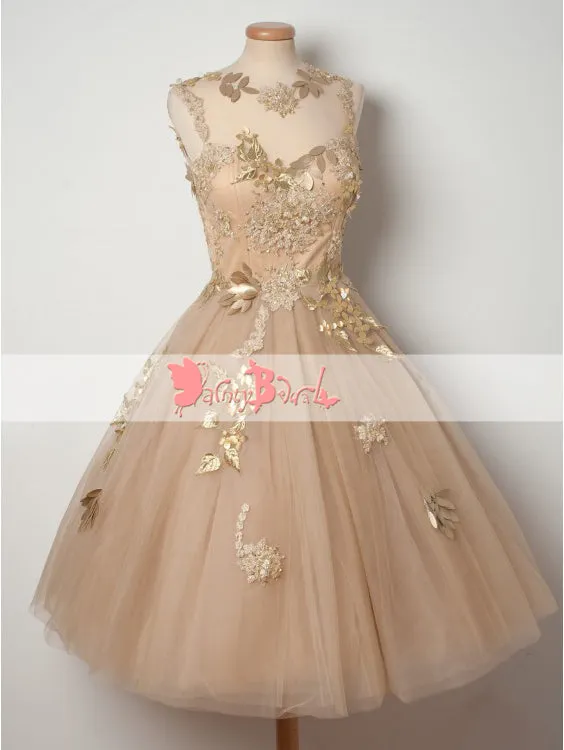 Elegant Gold Sequin Appliques Keyhole Back See Through Homecoming Dresses,BD0149