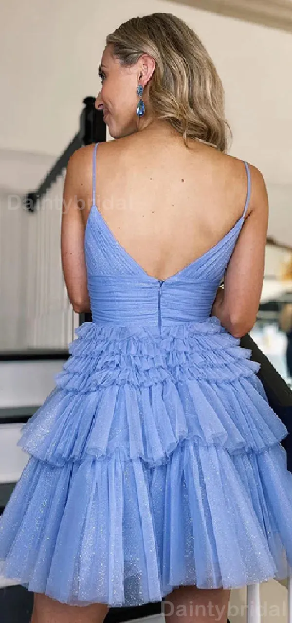 Elegant Spaghetti Straps V-neck Tulle Short Homecoming Dresses Online, HD0683