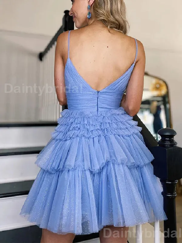 Elegant Spaghetti Straps V-neck Tulle Short Homecoming Dresses Online, HD0683