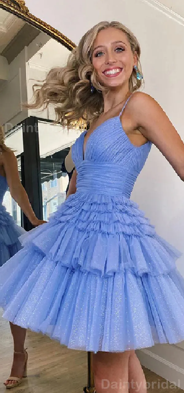 Elegant Spaghetti Straps V-neck Tulle Short Homecoming Dresses Online, HD0683