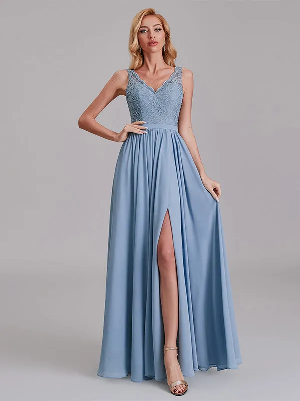 Elegant V-Neck Sleeveless Lace Chiffon Long Bridesmaid Dresses With Slit