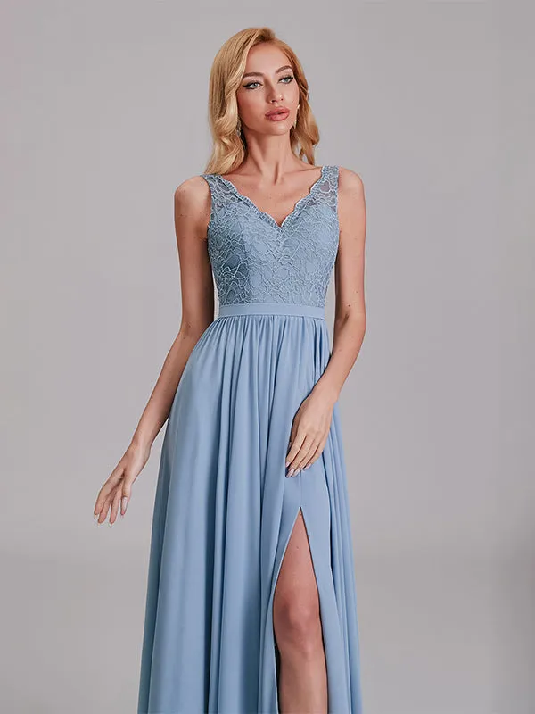 Elegant V-Neck Sleeveless Lace Chiffon Long Bridesmaid Dresses With Slit