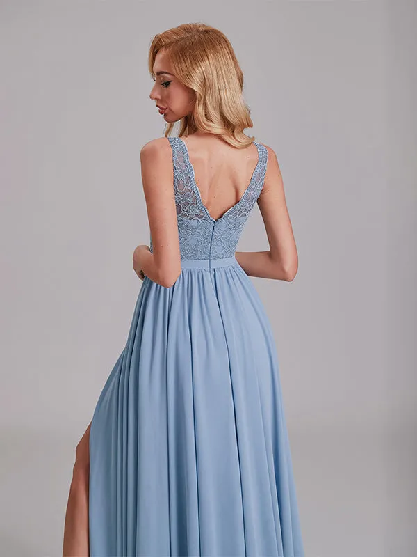 Elegant V-Neck Sleeveless Lace Chiffon Long Bridesmaid Dresses With Slit