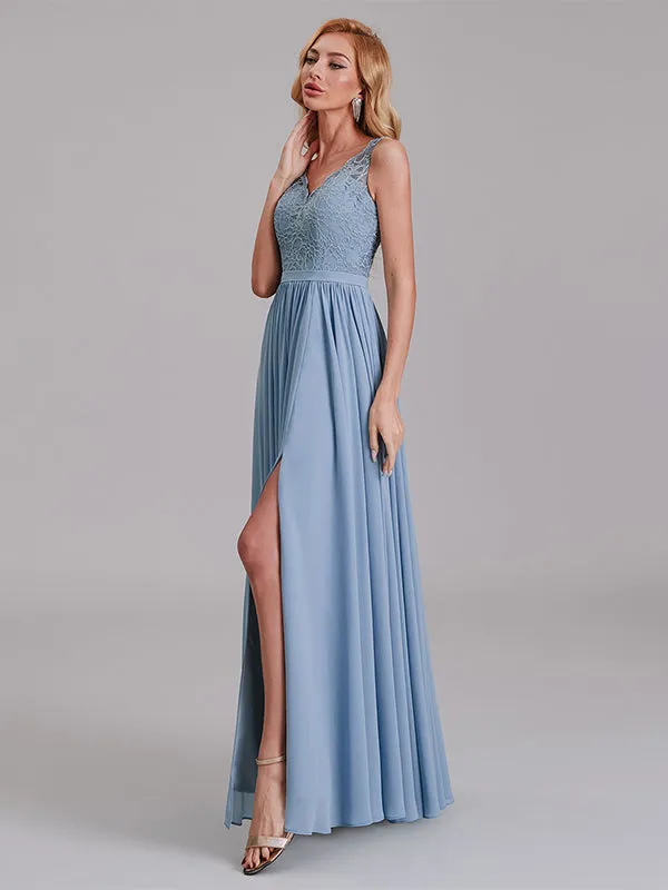 Elegant V-Neck Sleeveless Lace Chiffon Long Bridesmaid Dresses With Slit