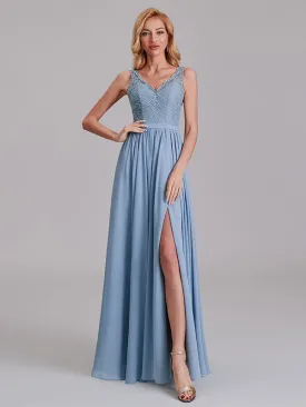 Elegant V-Neck Sleeveless Lace Chiffon Long Bridesmaid Dresses With Slit