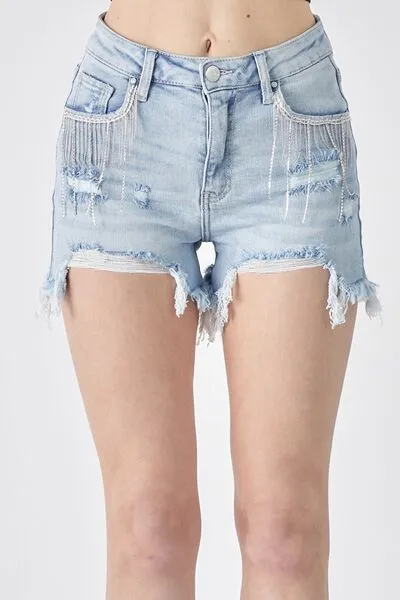 Frayed Hem Denim Shorts with Fringe Detail Pockets