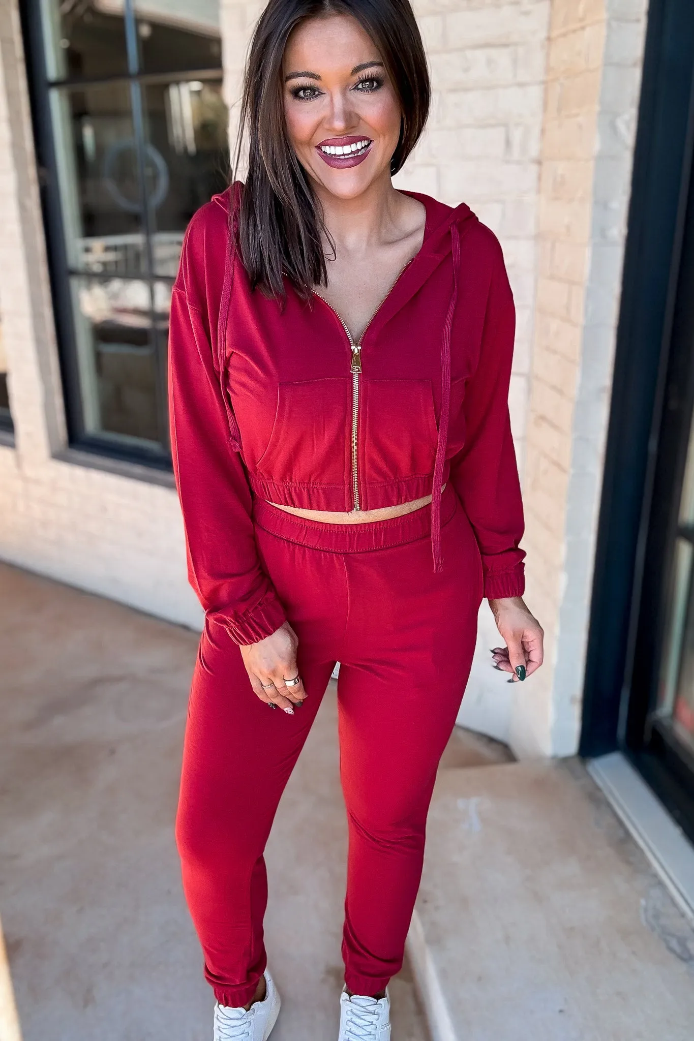 French Terry Crimson Red Cropped Zip-up Hoodie Jogger Set