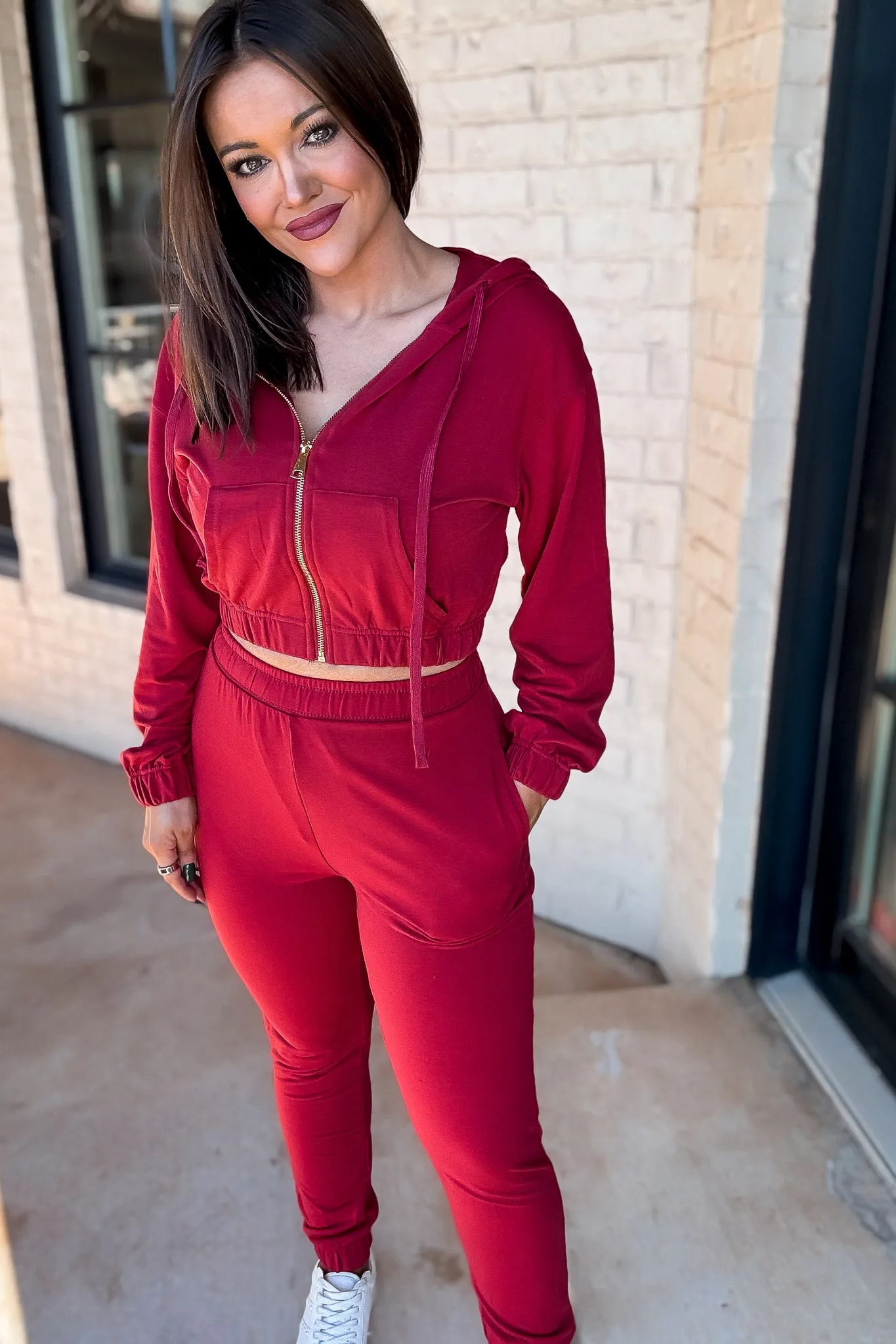 French Terry Crimson Red Cropped Zip-up Hoodie Jogger Set