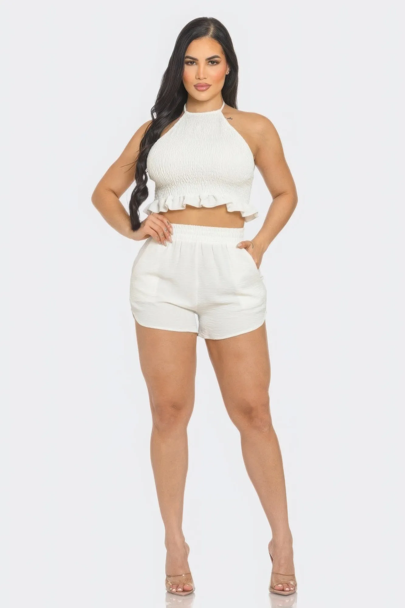 Front Smocking Detail Halter Top And Shorts Outfit Set