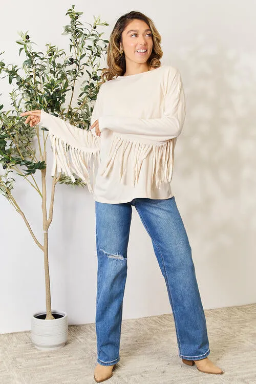 Full Size Fringe Detail Long Sleeve Blouse