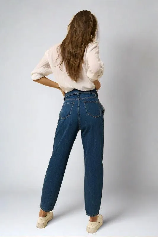 High Rise Flap Waist Relaxed  Cropped Jeans