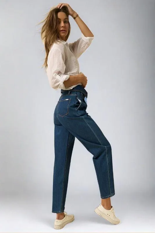 High Rise Flap Waist Relaxed  Cropped Jeans