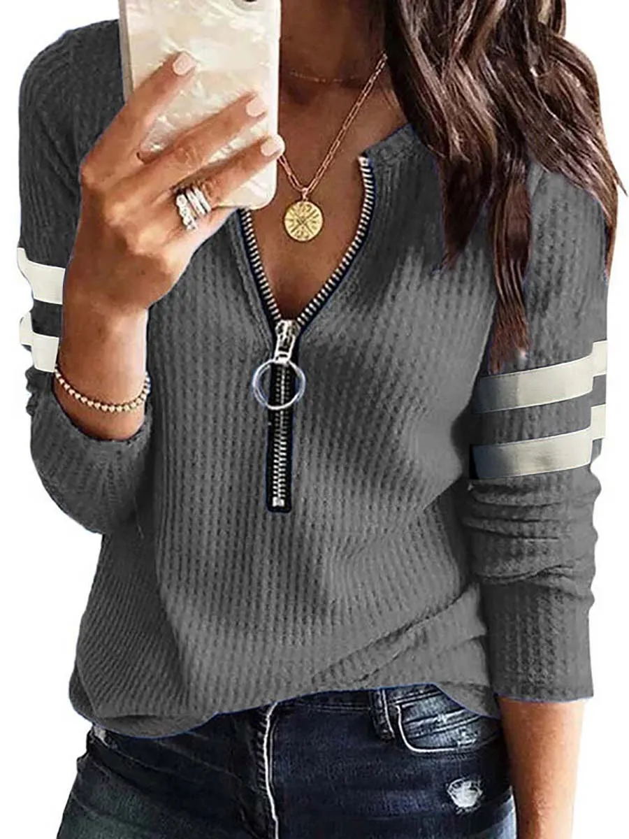 iForgirls V-Neck Zipper Splicing Long Sleeve T-shirt(6 colors)