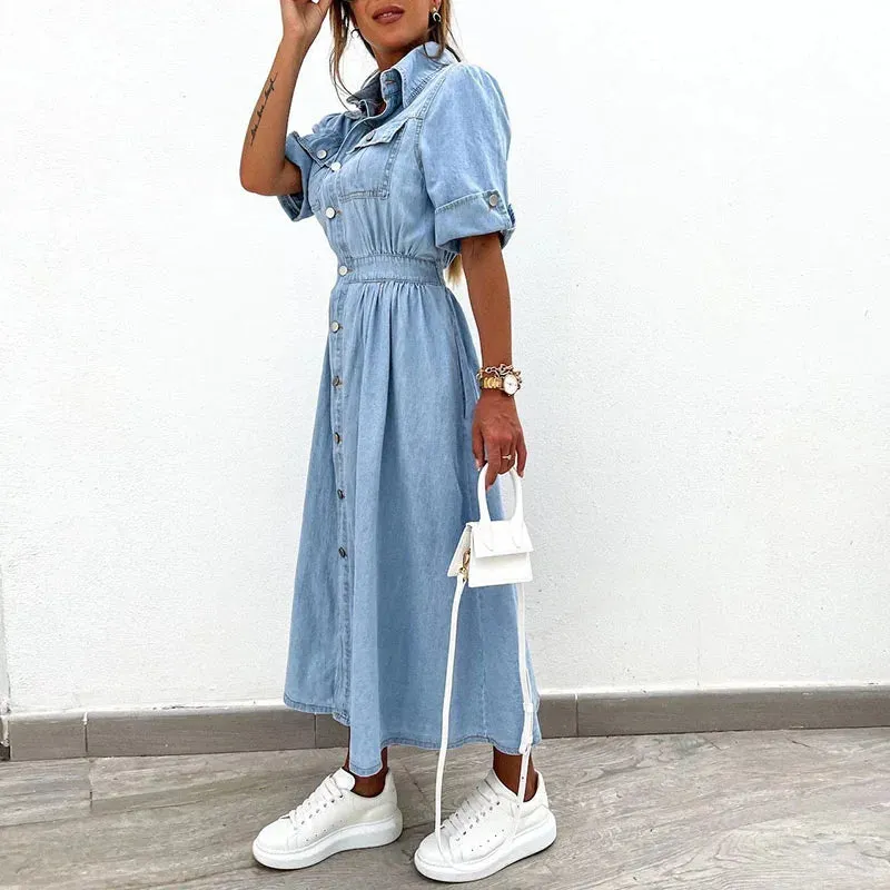 Lapel Button High Street Office Denim Chic Short Sleeve Elastic Waist Long Elegant Elegant Dress