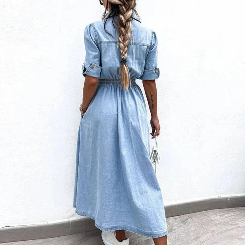 Lapel Button High Street Office Denim Chic Short Sleeve Elastic Waist Long Elegant Elegant Dress