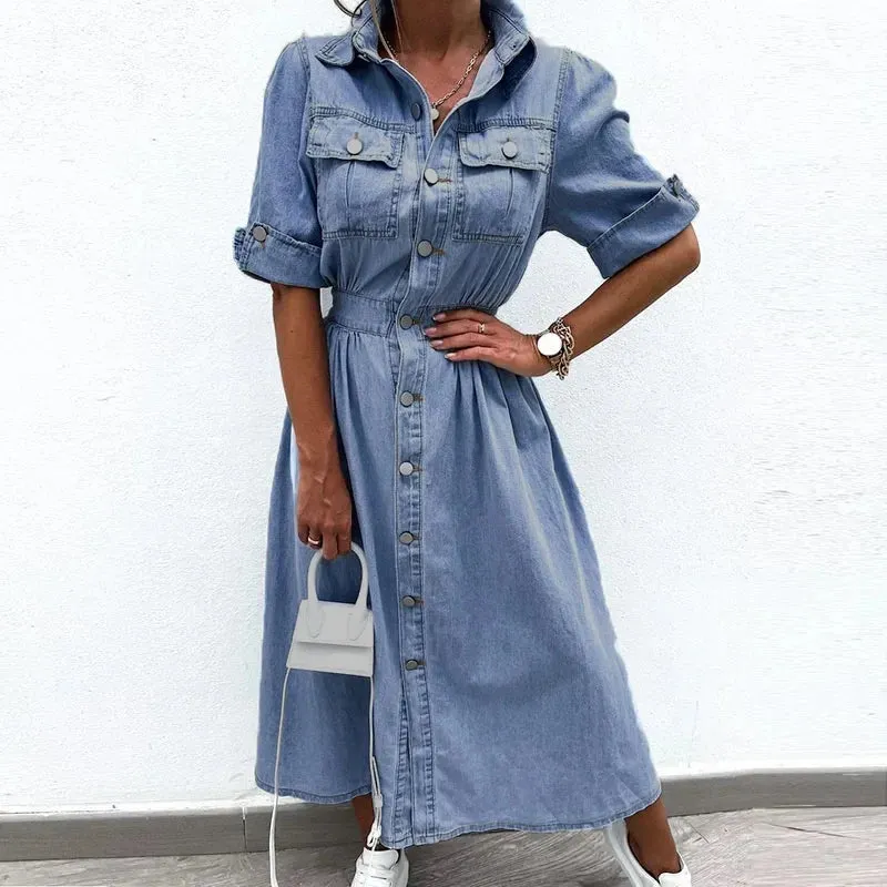 Lapel Button High Street Office Denim Chic Short Sleeve Elastic Waist Long Elegant Elegant Dress