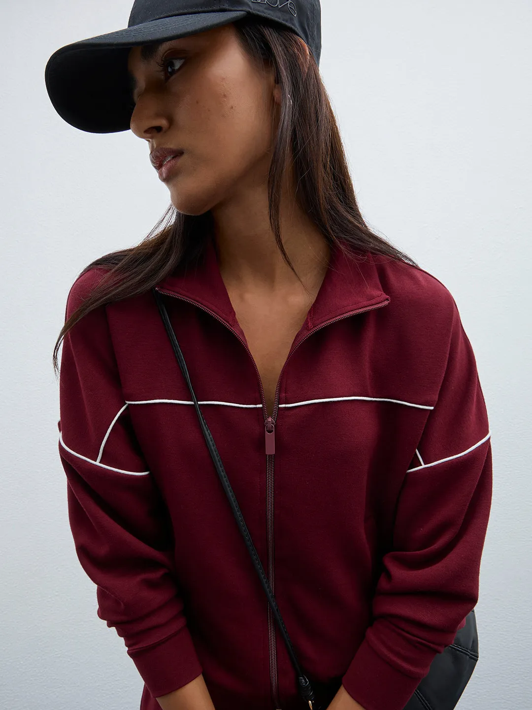 LOV Burgundy Solid Cotton Blend Jacket