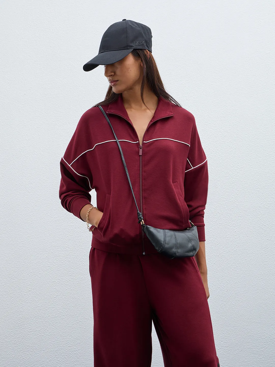 LOV Burgundy Solid Cotton Blend Jacket