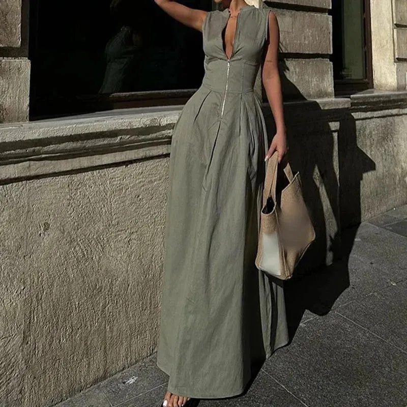 Match Solid Color Pocket Show Style Slim Waist Hem Street Zipper Sleeveless Tank Elegant All Dress