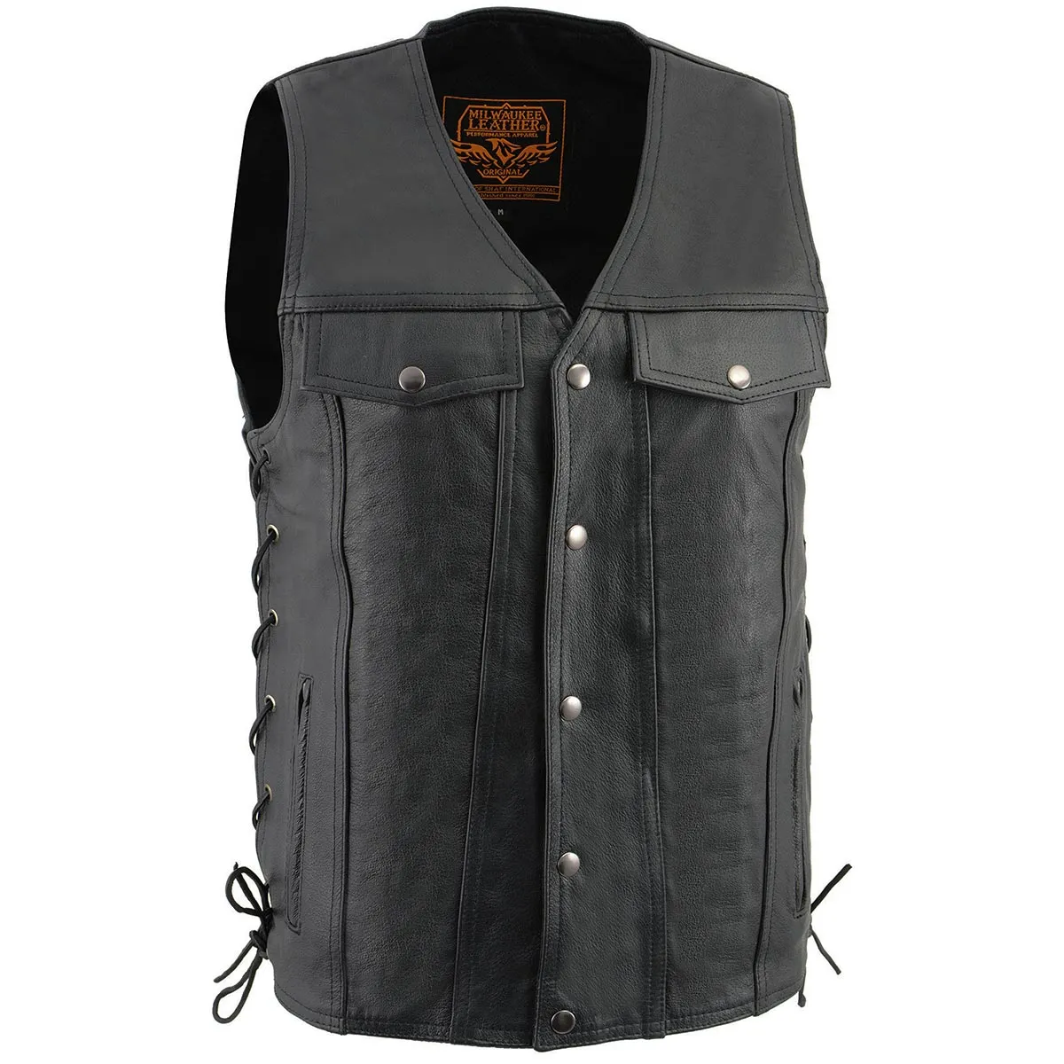 Milwaukee Leather LKM1360 Men's Black Leather Classic V-Neck Motorcycle Rider Vest w/ Snap Closure and Side Laces