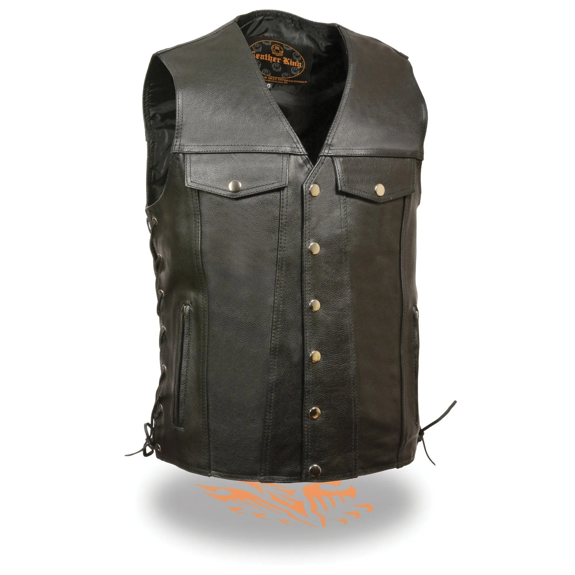 Milwaukee Leather LKM1360 Men's Black Leather Classic V-Neck Motorcycle Rider Vest w/ Snap Closure and Side Laces