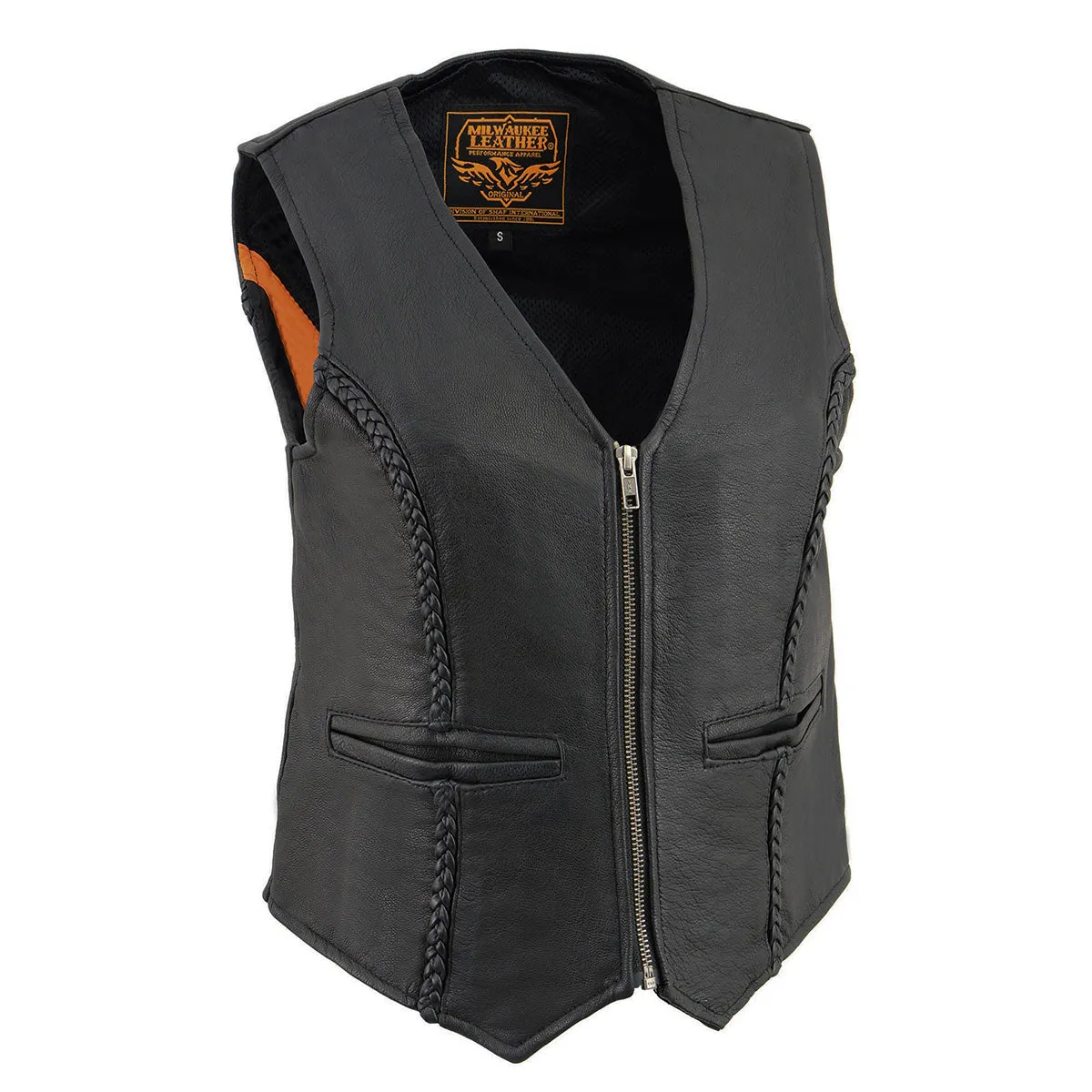 Milwaukee Leather MLL4550 Women's Black Premium Leather Classic Braided Deep V-Neck Motorcycle Rider Vest W/Front Zip