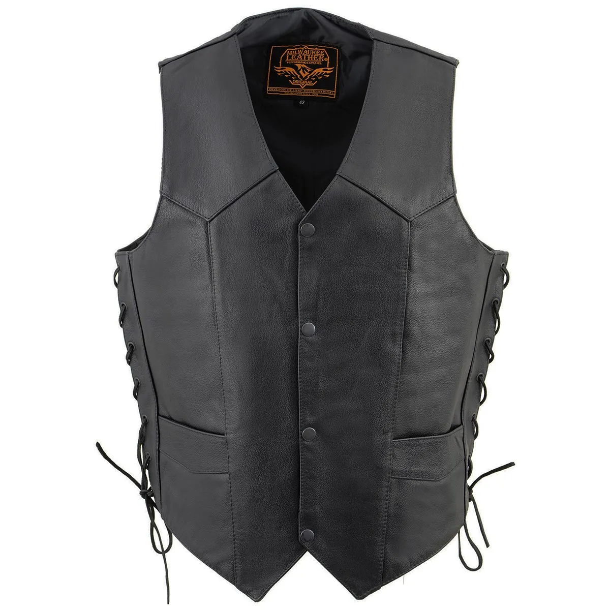 Milwaukee Leather SH1315 Men's Black Leather Classic V-Neck Side Lace Motorcycle Rider Vest w/ Front Snap Closure