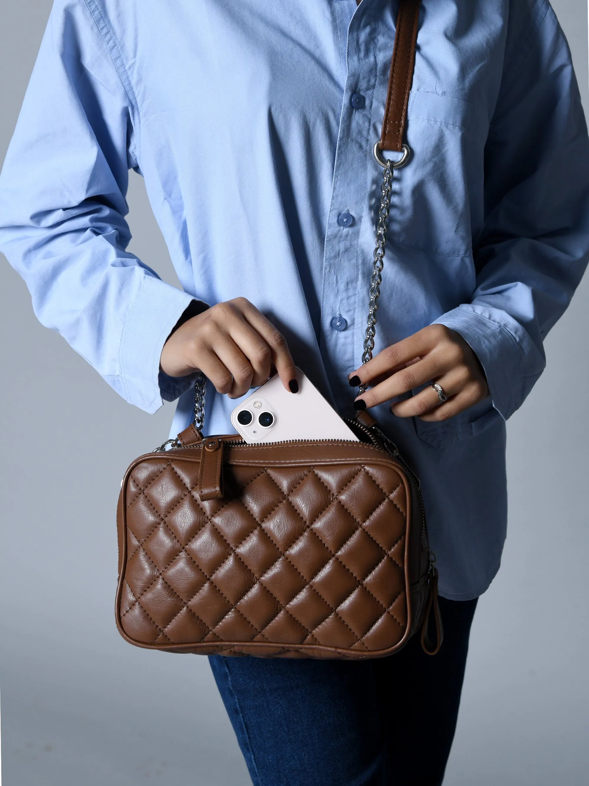 Mini Quilted Crossbody Bag, Rich Brown