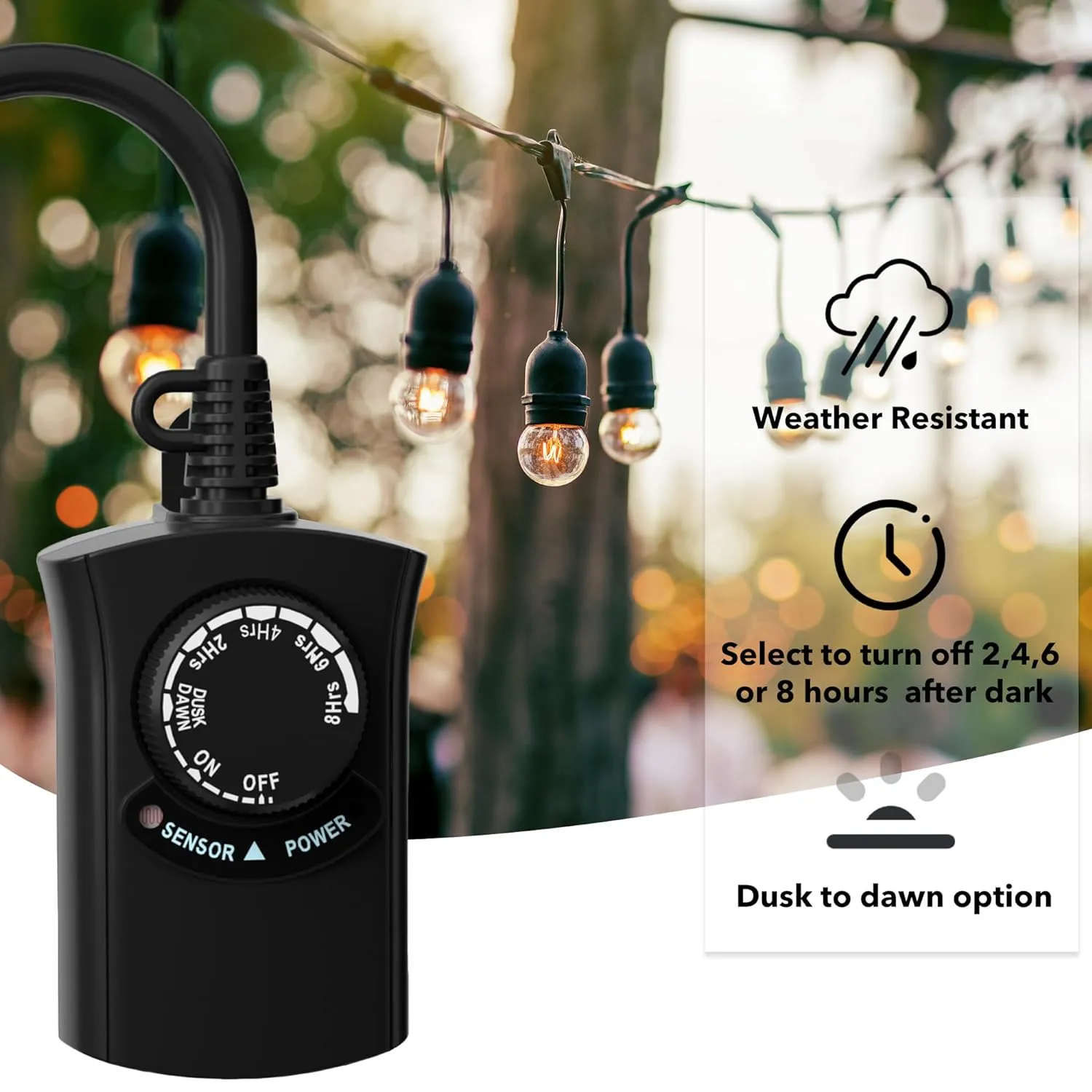 Outdoor Photocell Light Timer Waterproof Dusk to Dawn Sensor 1 Timer Outlet 2/4/6/8 Countdown HBN