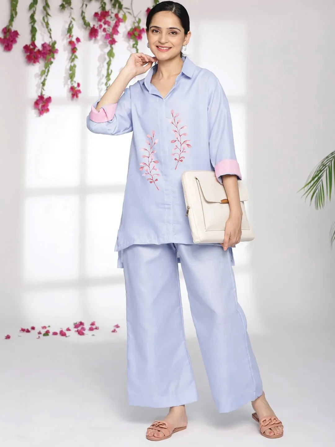 PowderBlue CottonSlub ShirtTop - Flynn