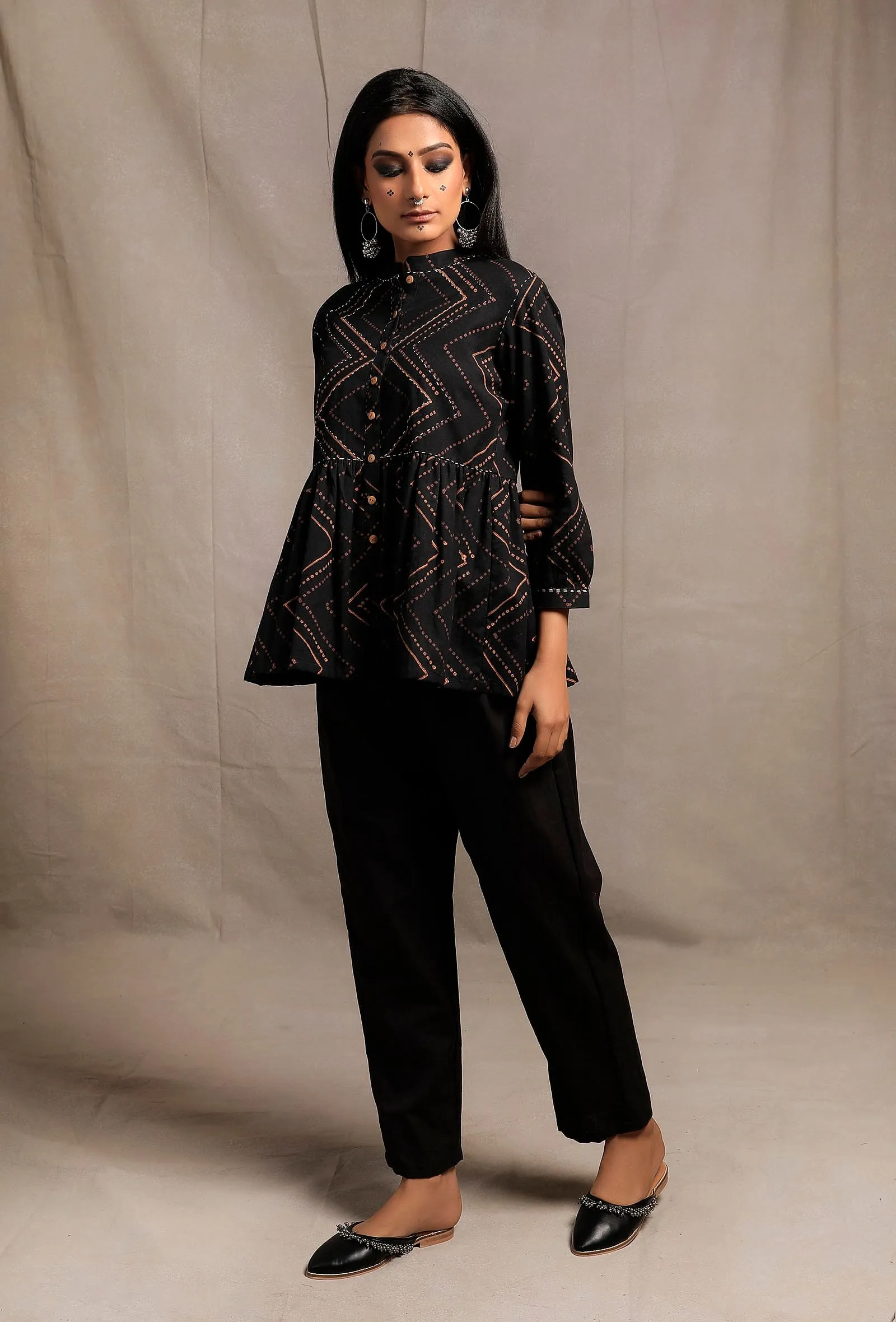 Set of 2: Black Hand Block Printed Gathered Buttoned Shirt with Black Narrow Pants